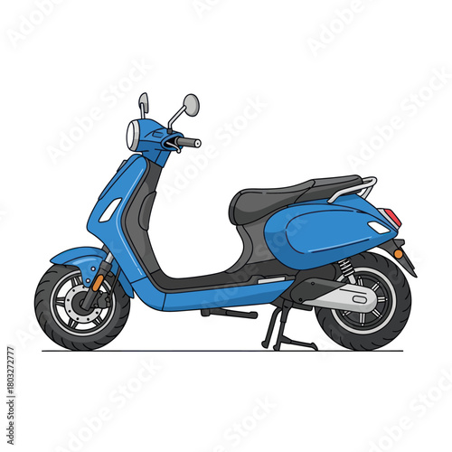 A modern blue electric scooter with black accents, shown in a side view cartoon illustration.