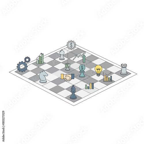 Business strategy concept on an isometric chessboard with financial and planning icons.