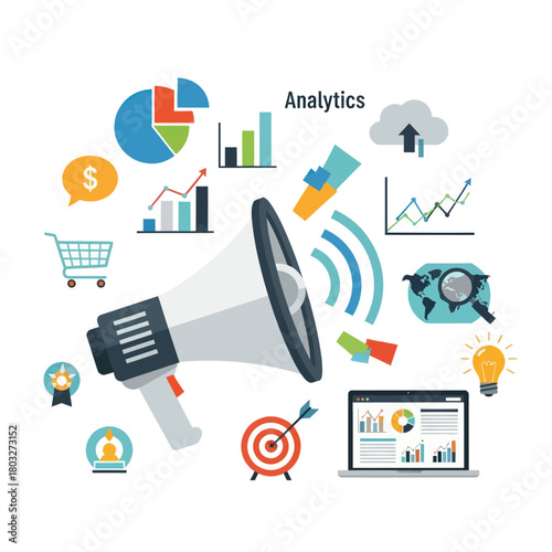Business analytics and digital marketing concept with a megaphone, charts, and data icons.