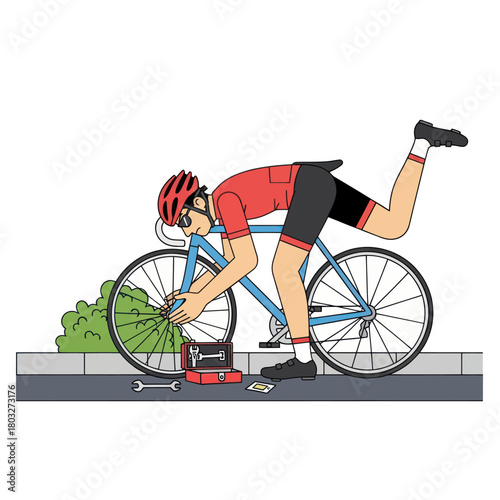 Cartoon illustration of a male cyclist in red gear repairing a flat tire on his blue road bike.