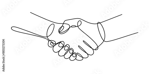 Continuous line drawing of two hands forming a handshake, symbolizing partnership, agreement, trust, and successful business deal collaboration.