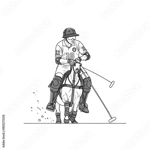 Dynamic black and white line art illustration of a polo player riding a horse.