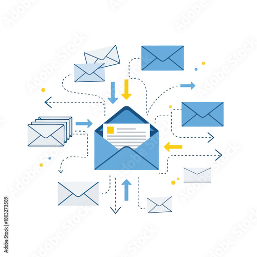 Email marketing campaign concept with a central open envelope surrounded by a network of incoming and outgoing messages, illustrated with arrows and a flat desi