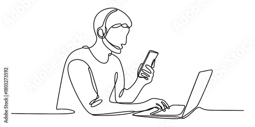 Continuous line drawing of a customer support agent wearing a headset, holding a phone, and working on a laptop, providing online assistance.