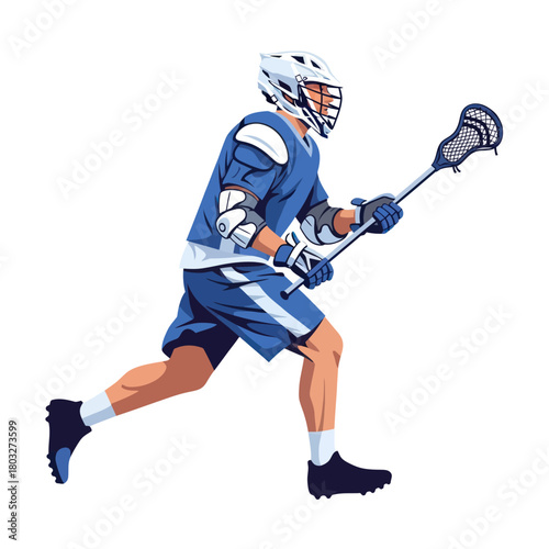 Dynamic illustration of a male lacrosse player in a blue uniform running with a stick.