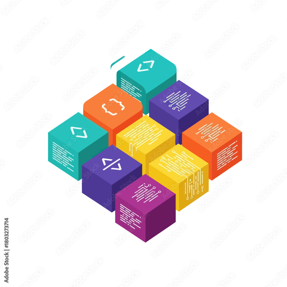 Fototapeta premium Isometric technology blocks with code symbols and circuit patterns