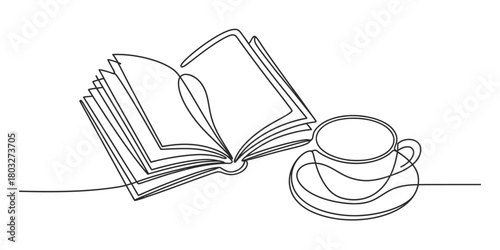 Continuous one line drawing of an open book and a coffee cup on a saucer, minimalist art style symbolizing education, reading, and relaxation concept