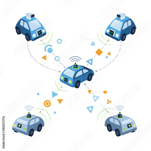 Isometric illustration of a network of autonomous self-driving cars communicating and sharing data.