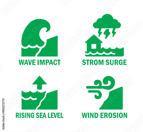 Set of coastal erosion causes icons. Wave impact, storm surge, rising sea level, wind erosion. Global warming, natural disaster, climate change vector solid filled glyph concepts