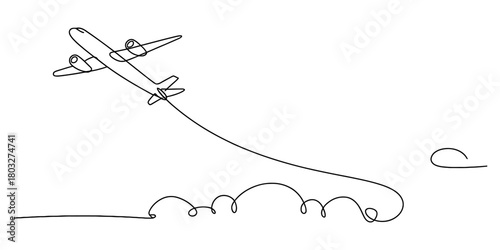 Continuous line drawing of a passenger airplane in flight, depicting travel, adventure, and global journey, minimalist vector art style