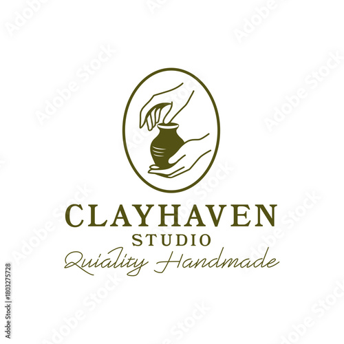 Elegant hands shaping a clay pot inside an oval frame, symbolizing artisanal craftsmanship and handmade quality. Ideal for pottery, studio, and craft branding. Editable Vector File
