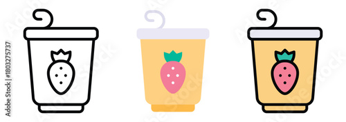 Strawberry Yogurt Icon Set in Outline, Color & Flat Style