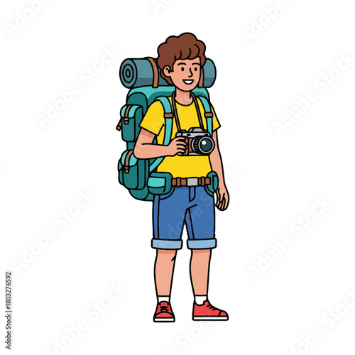 Young man with large backpack and camera, ready for adventure