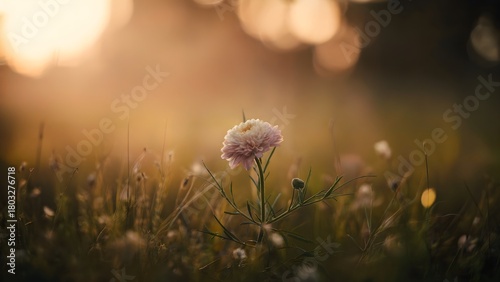 Fototapeta Naklejka Na Ścianę i Meble -  Delicate pink flower bathed in warm golden hour sunlight amidst a meadow of wildflowers