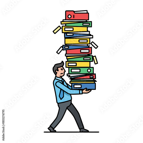 Man struggling to carry very tall stack colorful binders and files