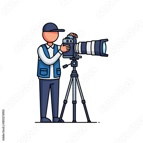 Cartoon photographer with professional camera on tripod