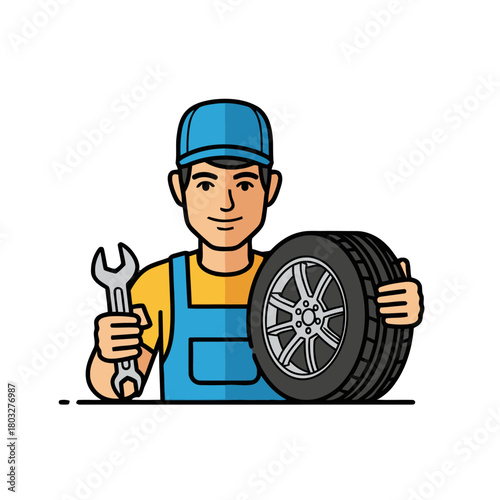 Mechanic holding wrench and car tire