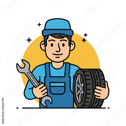 Auto mechanic holding tire and wrench, ready for car repair and maintenance service