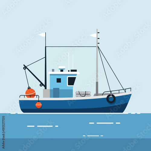 A blue commercial fishing trawler boat with buoys and nets sailing on the water, flat vector illustration.