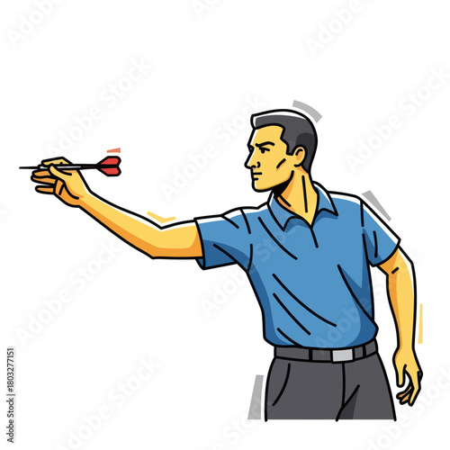 A focused male darts player in a blue shirt aiming to throw a dart, vector illustration.