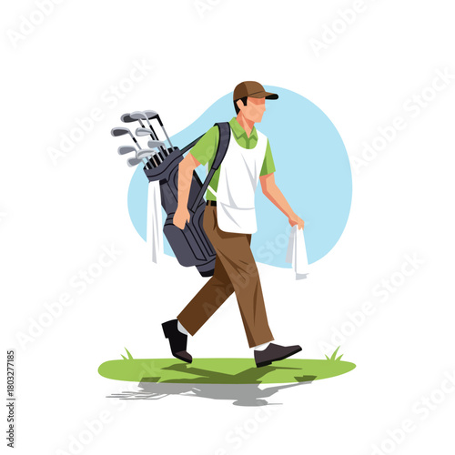 A professional golf caddie in uniform walking across the green carrying a bag of clubs.