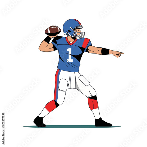 Cartoon American football quarterback in a blue uniform throwing a pass while pointing.