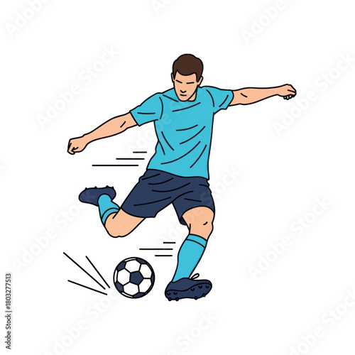 Dynamic illustration of a male soccer player in a blue uniform kicking a football.
