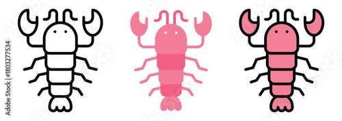 Lobster Seafood Icon Set in Outline, Color & Flat Style