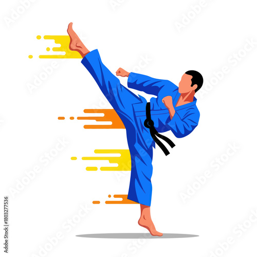 Dynamic vector illustration of a martial artist in a blue uniform executing a high kick.