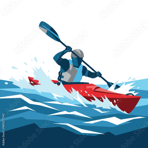 Dynamic vector illustration of a kayaker paddling a red boat through turbulent blue water.