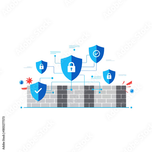 Digital firewall and network security shields protecting a system from cyber attacks and viruses.