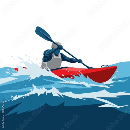 Dynamic illustration of a kayaker in a red boat paddling through turbulent blue waves.