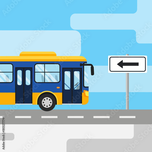 Side view of a blue and yellow city bus on a road with a left arrow sign in a flat vector illustration style.