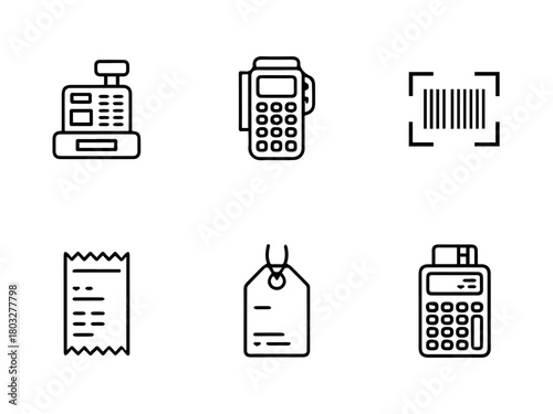 Cashier pos system barcode scanner receipt tag terminal payment machine vector icon set for retail business