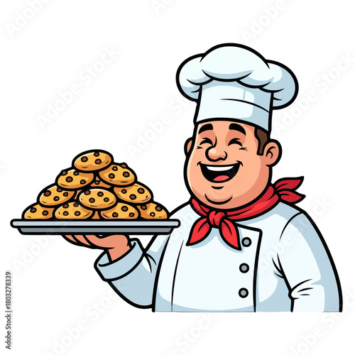 Joyful male chef in uniform and toque, proudly presenting large platter piled high with delicious chocolate chip cookies