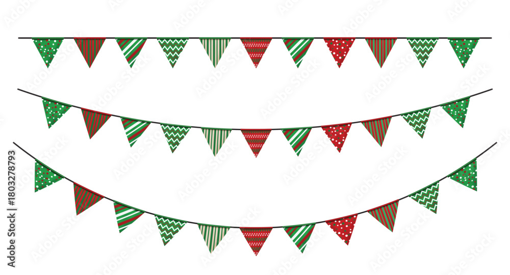 Obraz premium Carnival garland with flags hanging on rope banner. Triangular pennant decoration festival. Perfect for party, Birthday, Christmas, anniversary, and festival fair, birthday, anniversary, New Year
