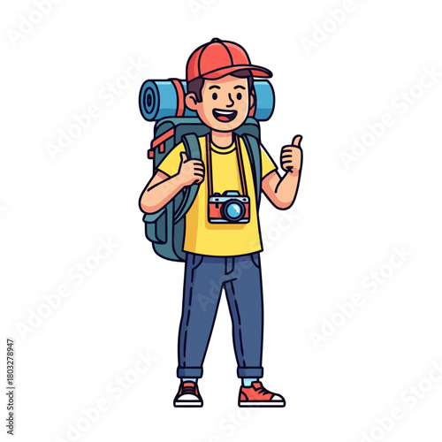 Happy young traveler with large backpack and camera around his neck gives thumbsup gesture, ready for an adventure