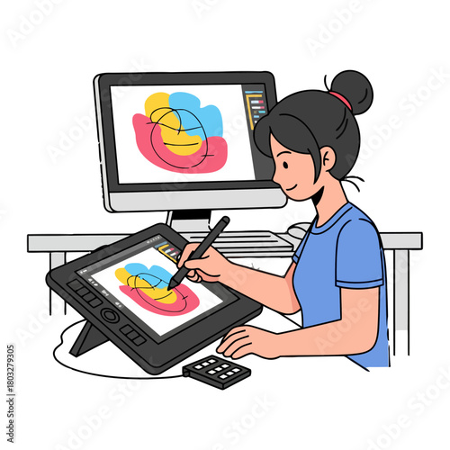 Female graphic designer works on computer and drawing tablet, creating digital with vibrant colors, representing creativity and digital design, isolated on transparent