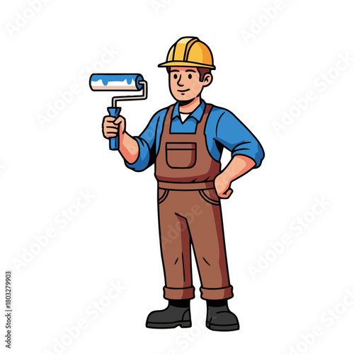 Male construction worker wearing yellow hard hat and brown overalls, holding paint roller and brush, ready to paint wall