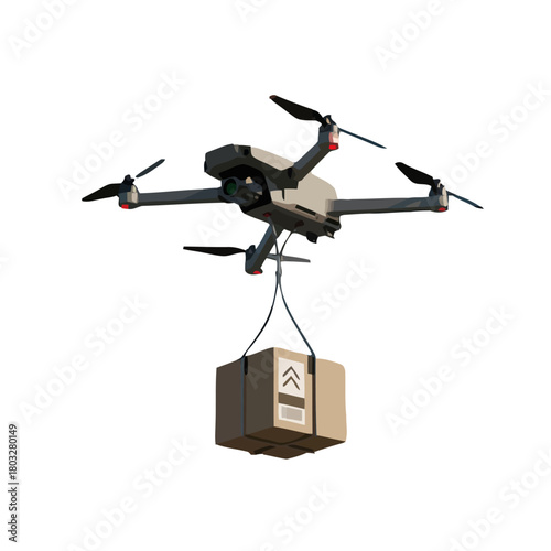 Modern drone with propellers and camera, carrying brown cardboard delivery box suspended by cable, futuristic logistics
