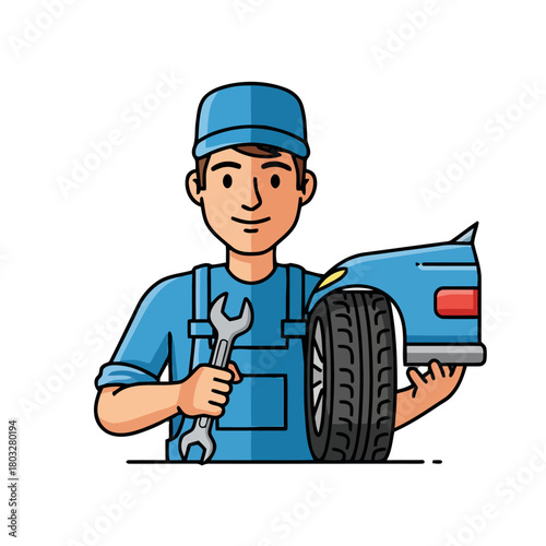 Male auto mechanic wearing blue overalls and cap, holding wrench and car tire and fender