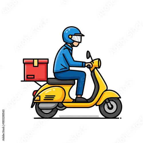 Delivery person in blue shirt and helmet riding yellow scooter with red package on the back