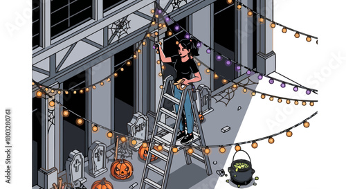 Person decorating building with halloween string lights, pumpkins, and spooky decorations for festive holiday celebration