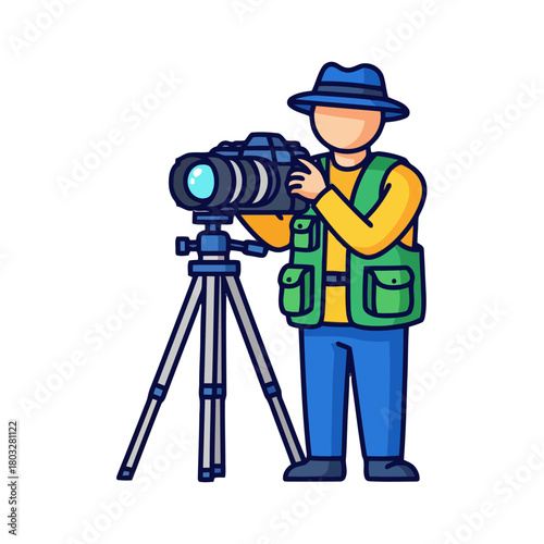 Photographer with professional camera on tripod, wearing hat and vest, ready to take picture