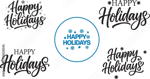 Happy Holidays Typography Set – Christmas Lettering, Holiday Greeting Designs, Snowflake Decorative Text Art