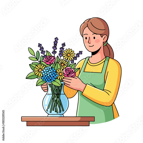 Woman with brown hair tied in ponytail, wearing an apron over yellow longsleeved shirt, arranging bouquet colorful flowers in glass vase on wooden stand