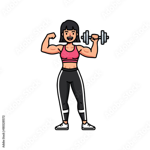 Woman with short dark hair, wearing pink sports bra and black leggings, flexing her biceps while holding dumbbell