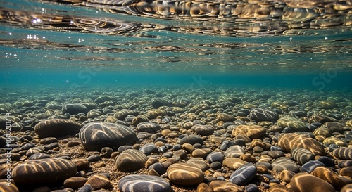 Underwater view of a clear river with smooth rocks and sunlight filtering through the surface creating a serene natural scene