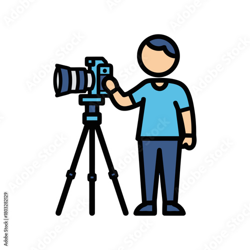 Cartoon person with camera on tripod