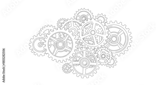 Monochrome gear and cog outline illustration, precise engineering geometry,
